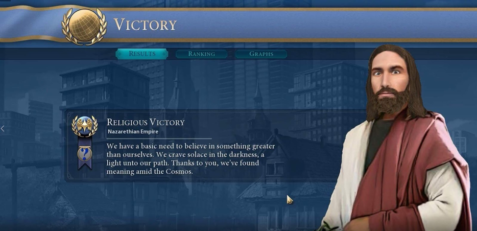 Screenshot of the “Religious Victory” condition in Civilization 6 (2016).