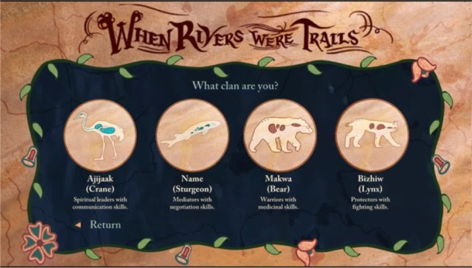 Clan selection screen from When the Rivers Were Trails (LaPensée, 2019).