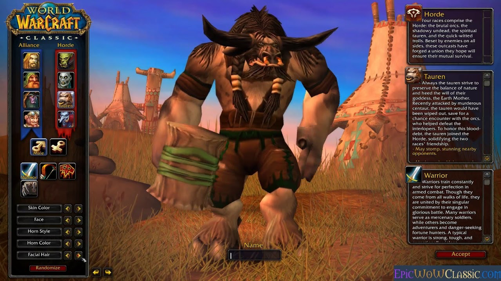 A screenshot from the World of Warcraft (Blizzard Entertainment, 2004) character creation screen.